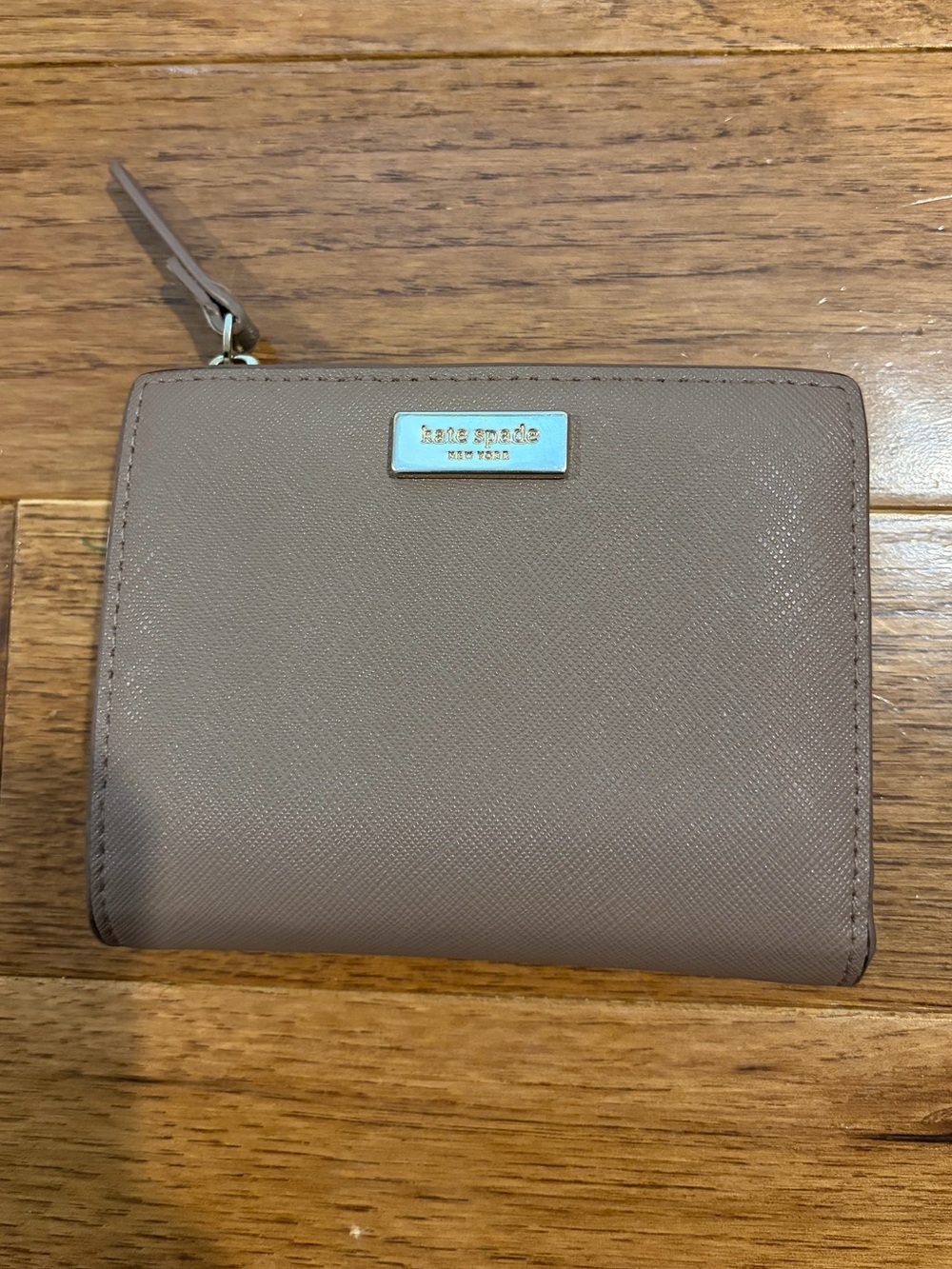 kate spade Compact Taupe Zip Wallet with Logo Plaque